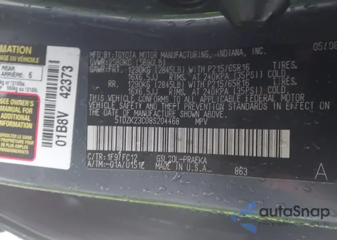 2008 Toyota Sienna Le из США, поврежденный, VIN 5TDZK23C08S204468